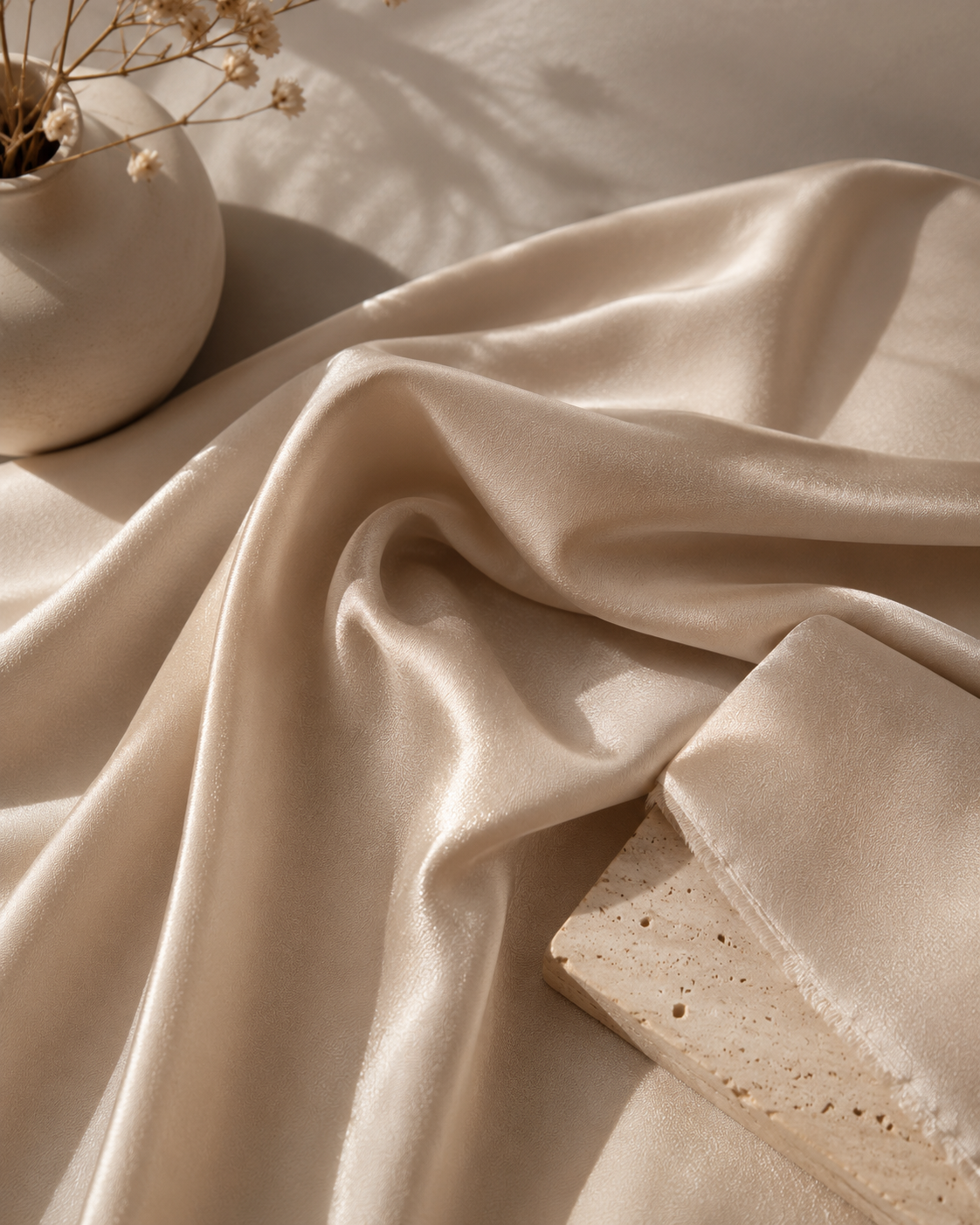 Champagne silk draped beside a ceramic vase — a study in quiet luxury.